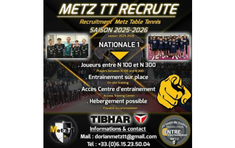 🚨Metz TT recrute un joueur pour la Nationale 1 pour la saison 2025/2026⚠️